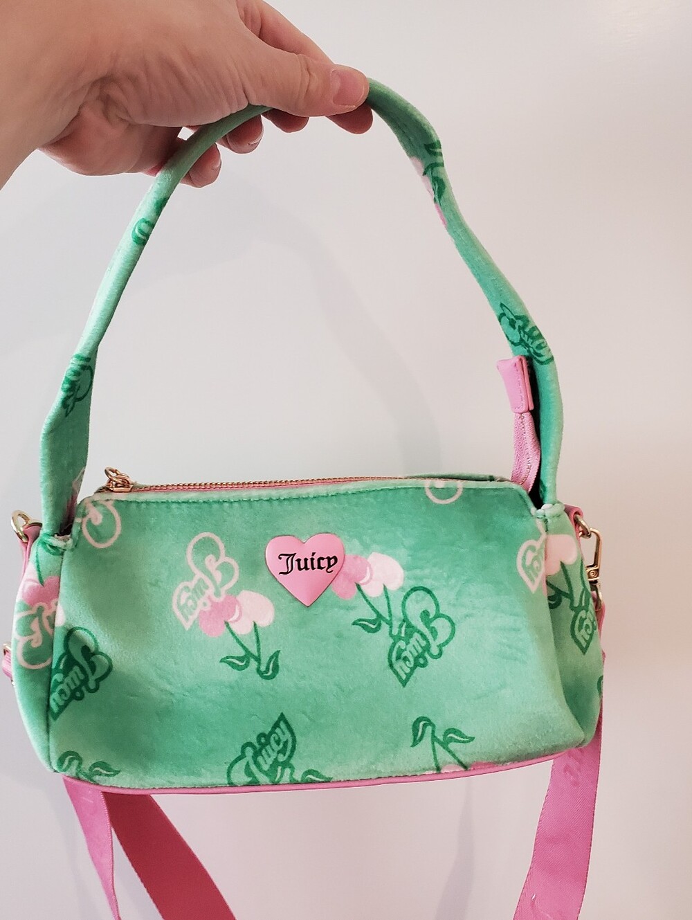 Juicy Couture Mint Green and Pink Velvet Shoulder Bag